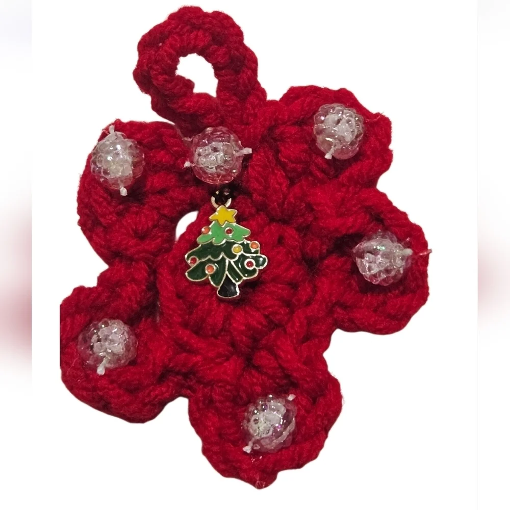 Hand Crafted Upcycled Chritsmas Ornaments Hand Crochet red beaded floral pattern